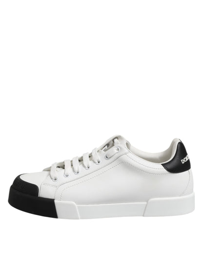 Dolce & Gabbana White Black Logo Leather Lace Up Sneakers Shoes