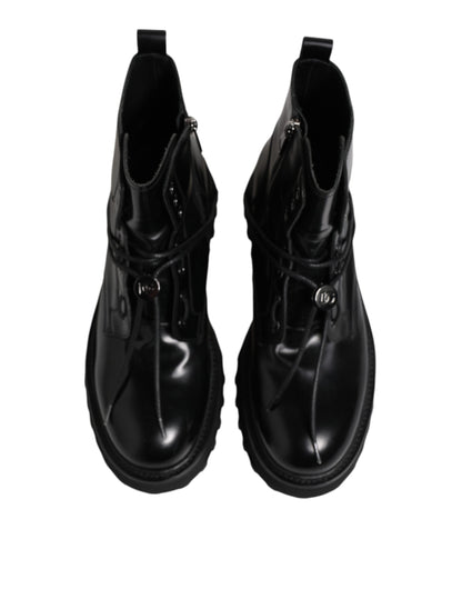 Dolce & Gabbana Black Leather Logo Ankle Boots Lace Up Shoes