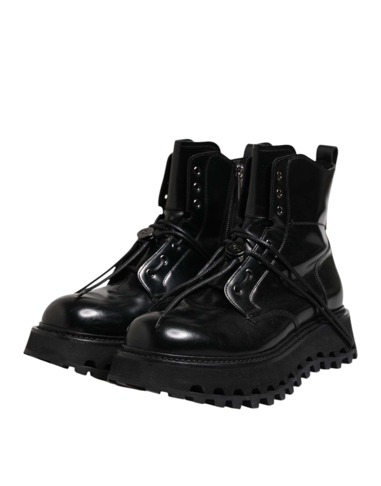Dolce & Gabbana Black Leather Logo Ankle Boots Lace Up Shoes