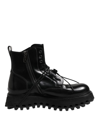 Dolce & Gabbana Black Leather Logo Ankle Boots Lace Up Shoes