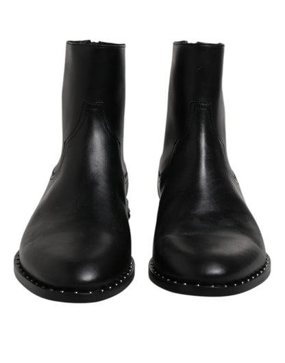 Dolce & Gabbana Black Leather Logo Ankle Boots Studded Shoes