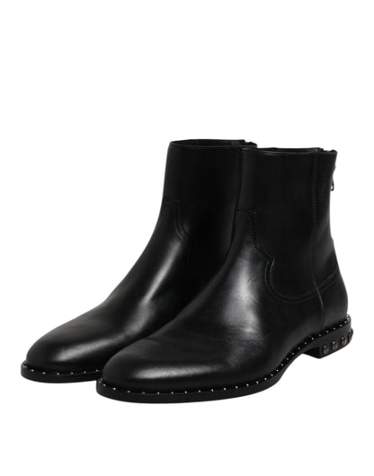 Dolce & Gabbana Black Leather Logo Ankle Boots Studded Shoes