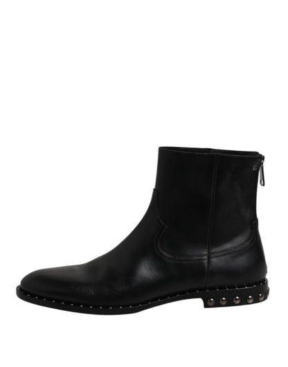 Dolce & Gabbana Black Leather Logo Ankle Boots Studded Shoes