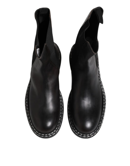Dolce & Gabbana Black Leather Mid Calf Boots Flats Shoes