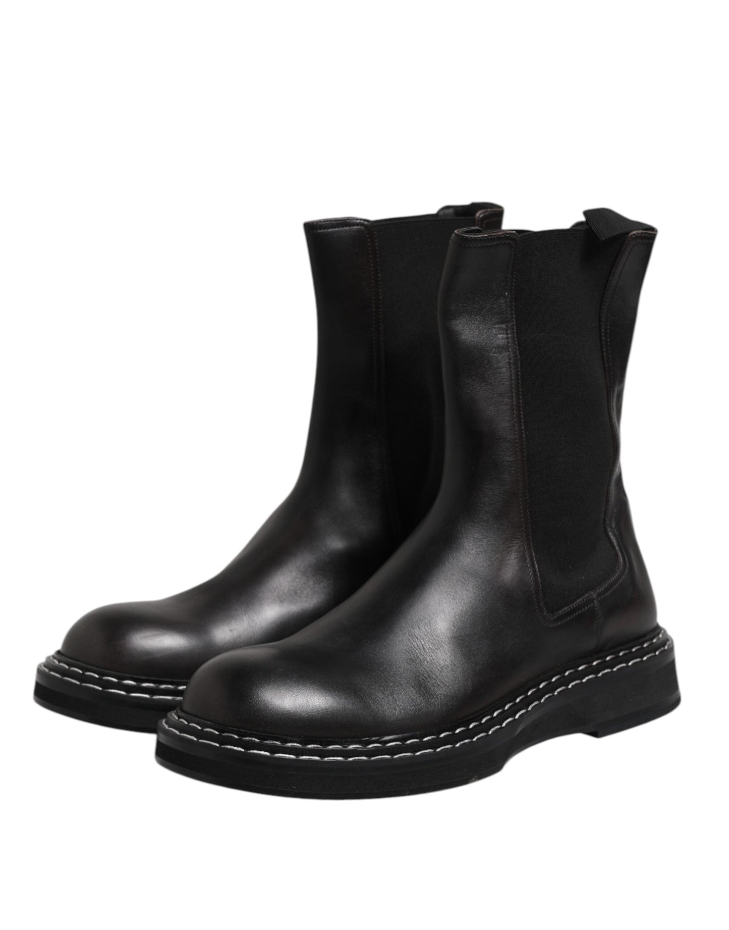 Dolce & Gabbana Black Leather Mid Calf Boots Flats Shoes