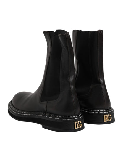 Dolce & Gabbana Black Leather Mid Calf Boots Flats Shoes