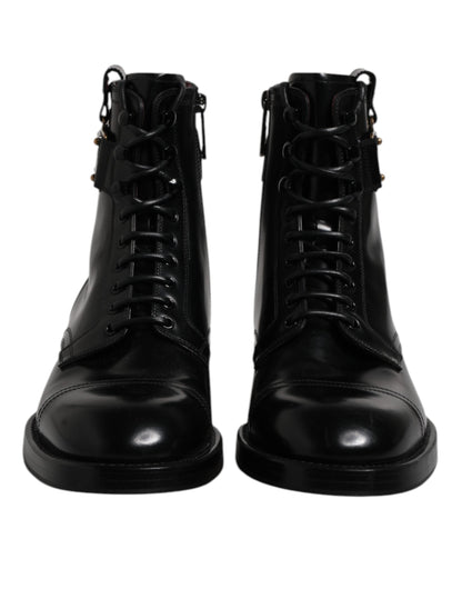 Dolce & Gabbana Black Leather Mid Calf Boots Lace Up Shoes