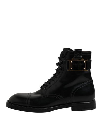 Dolce & Gabbana Black Leather Mid Calf Boots Lace Up Shoes