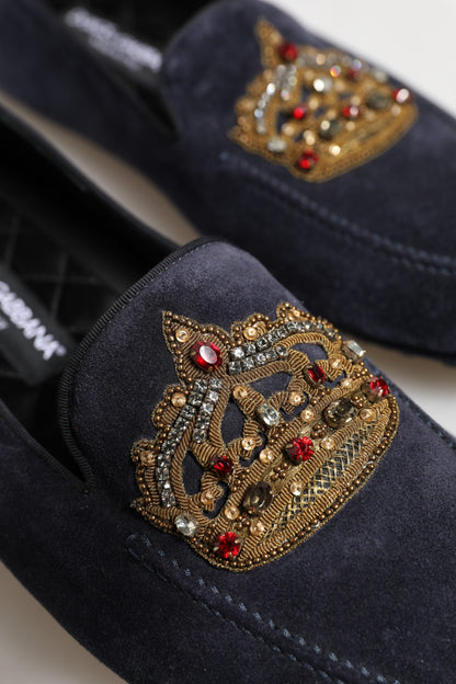 Dolce & Gabbana Blue Suede Crown Crystal Loafers Dress Shoes