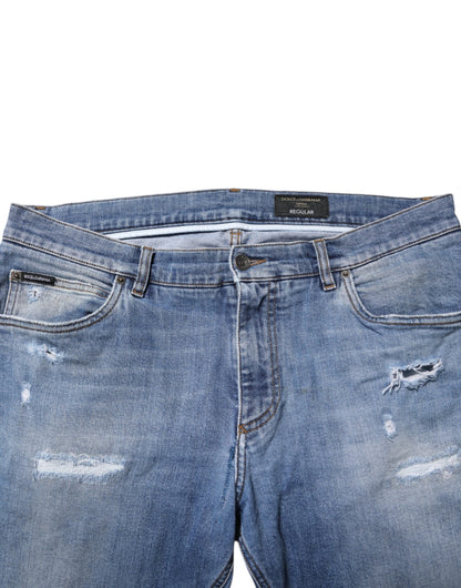 Dolce & Gabbana Blue Washed Tattered Logo Plaque Denim Jeans