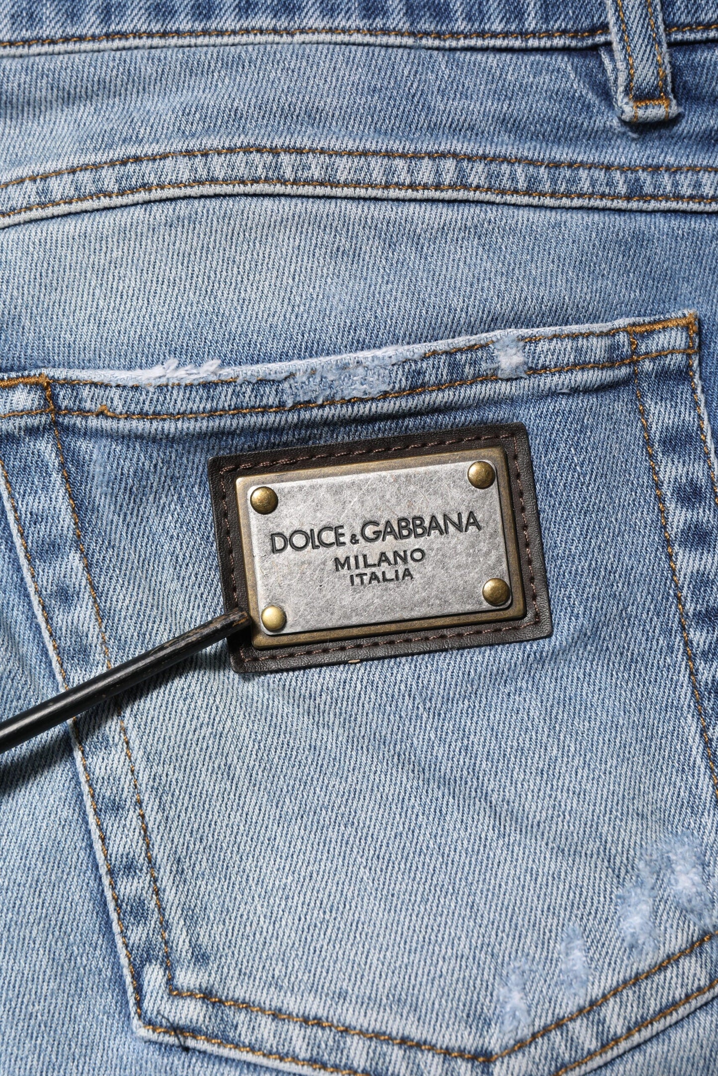 Dolce & Gabbana Blue Washed Tattered Logo Plaque Denim Jeans