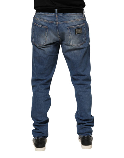 Dolce & Gabbana Blue Washed Cotton Logo Plaque Denim Jeans