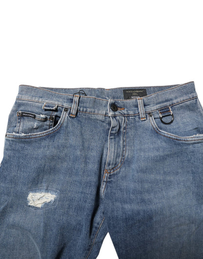Dolce & Gabbana Blue Cotton Tattered Skinny Logo Denim Jeans