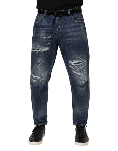 Dolce & Gabbana Blue Cotton Tattered Tapered Men Denim Jeans
