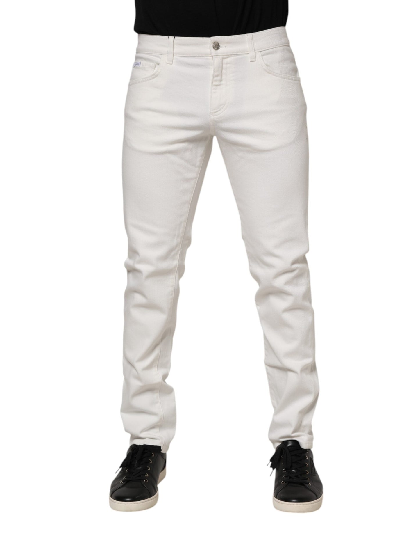 Dolce & Gabbana White Cotton Logo Plaque Slim Fit Denim Jeans