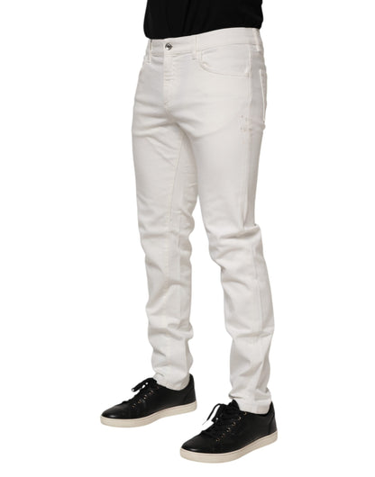 Dolce & Gabbana White Cotton Logo Plaque Slim Fit Denim Jeans