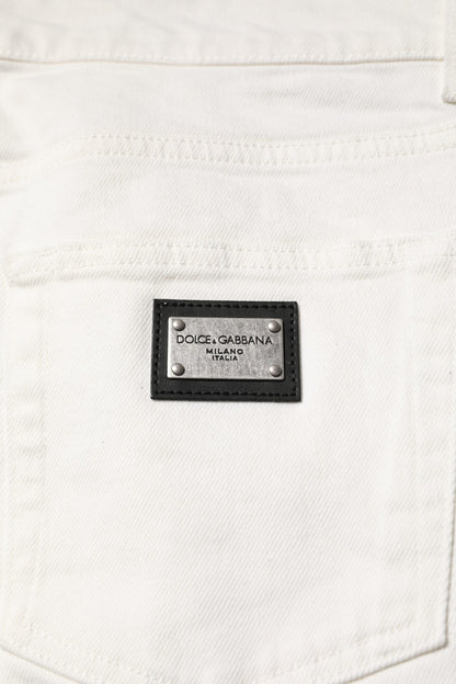 Dolce & Gabbana White Cotton Logo Plaque Slim Fit Denim Jeans