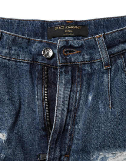 Dolce & Gabbana Blue Cotton Tattered Denim Bermuda Shorts