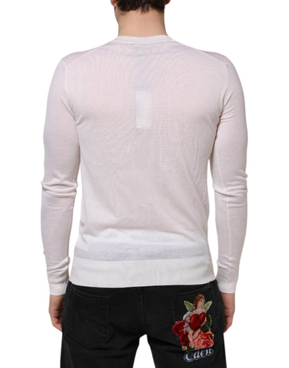 Dolce & Gabbana White Cashmere Logo V-neck Pullover Sweater