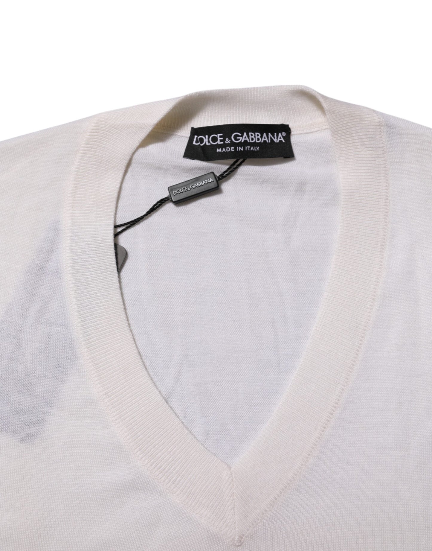 Dolce & Gabbana White Cashmere Logo V-neck Pullover Sweater