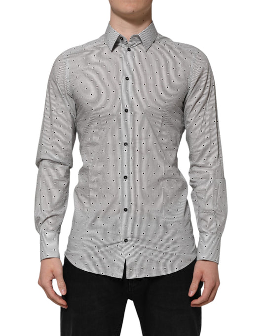 Dolce & Gabbana Gray Dotted Semi Fitted GOLD Men Formal Shirt