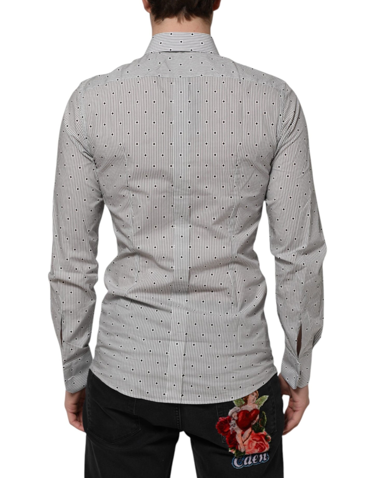Dolce & Gabbana Gray Dotted Semi Fitted GOLD Men Formal Shirt