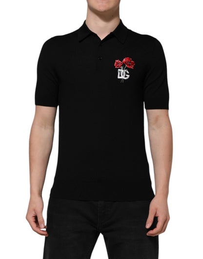Dolce & Gabbana Black Wool DG Logo Rose Collared Polo T-shirt
