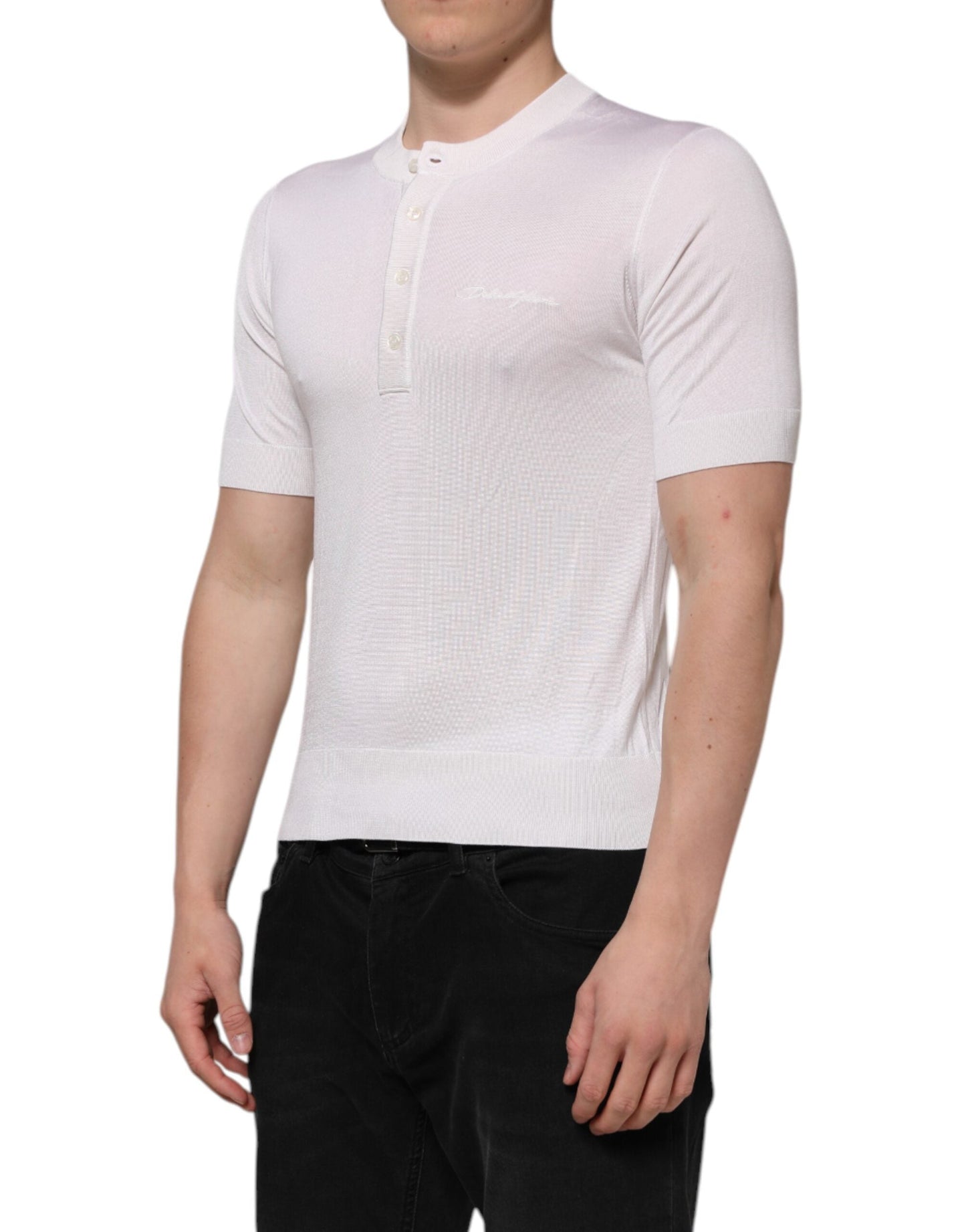 Dolce & Gabbana White Silk Short Sleeves Men Henley T-shirt