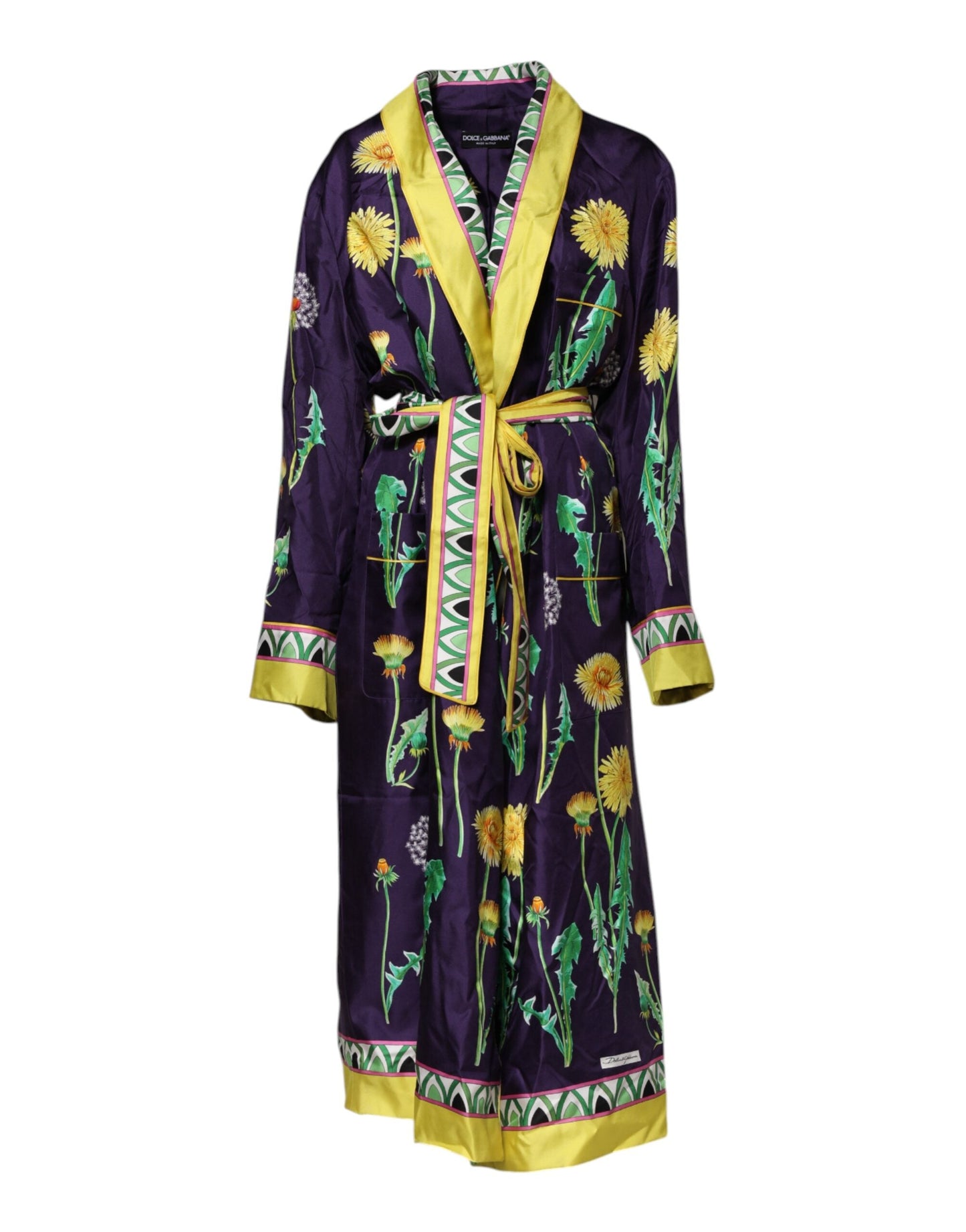 Dolce & Gabbana Blue Floral Print Silk Long Sleeves Wrap Robe