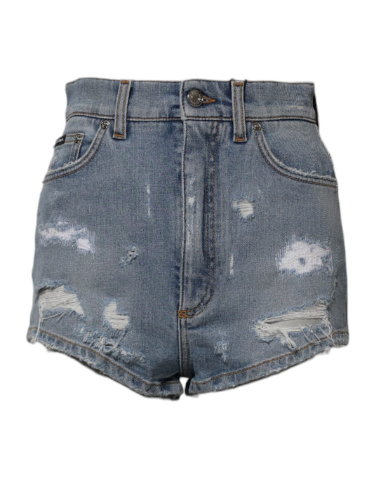 Dolce & Gabbana Blue Tattered Denim Cotton Hot Pants Shorts