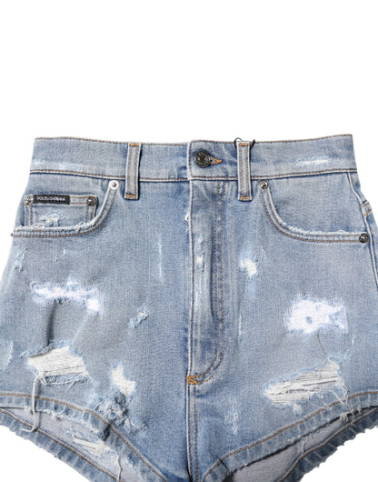 Dolce & Gabbana Blue Tattered Denim Cotton Hot Pants Shorts