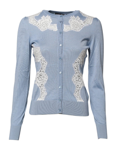 Dolce & Gabbana Blue Floral Lace Detailing Cardigan Sweater