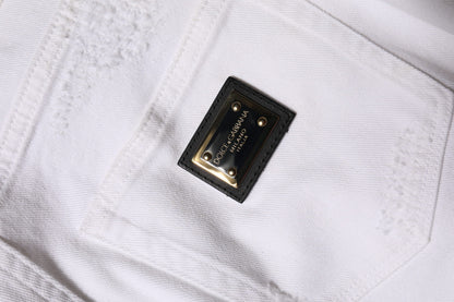 Dolce & Gabbana White Tattered Cotton High Waist Denim Jeans