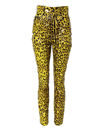 Dolce & Gabbana Yellow Leopard High Waist Slim Pants