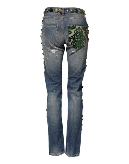 Dolce & Gabbana Blue Embellished Tattered SkinnyDenim Jeans