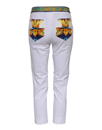 Dolce & Gabbana White Cotton Mid Waist Tapered Trouser Pants