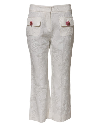 Dolce & Gabbana White Cotton Floral Jacquard Pants