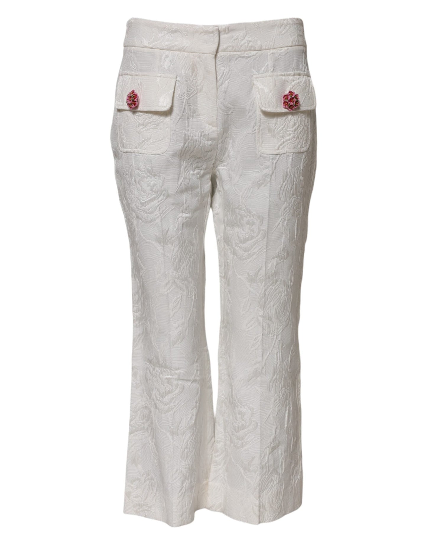 Dolce & Gabbana White Cotton Floral Jacquard Pants