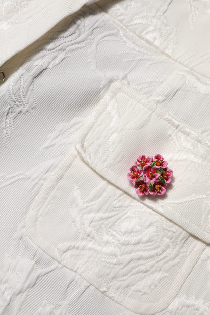 Dolce & Gabbana White Cotton Floral Jacquard Pants