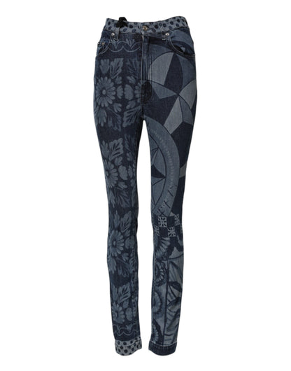 Dolce & Gabbana Blue Graphic Print Cotton Skinny Denim Jeans