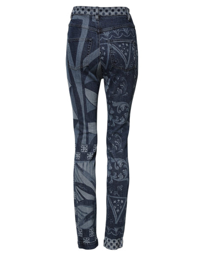 Dolce & Gabbana Blue Graphic Print Cotton Skinny Denim Jeans