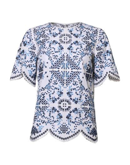 Dolce & Gabbana Blue Lace Eyelet Crew Neck Blouse Top