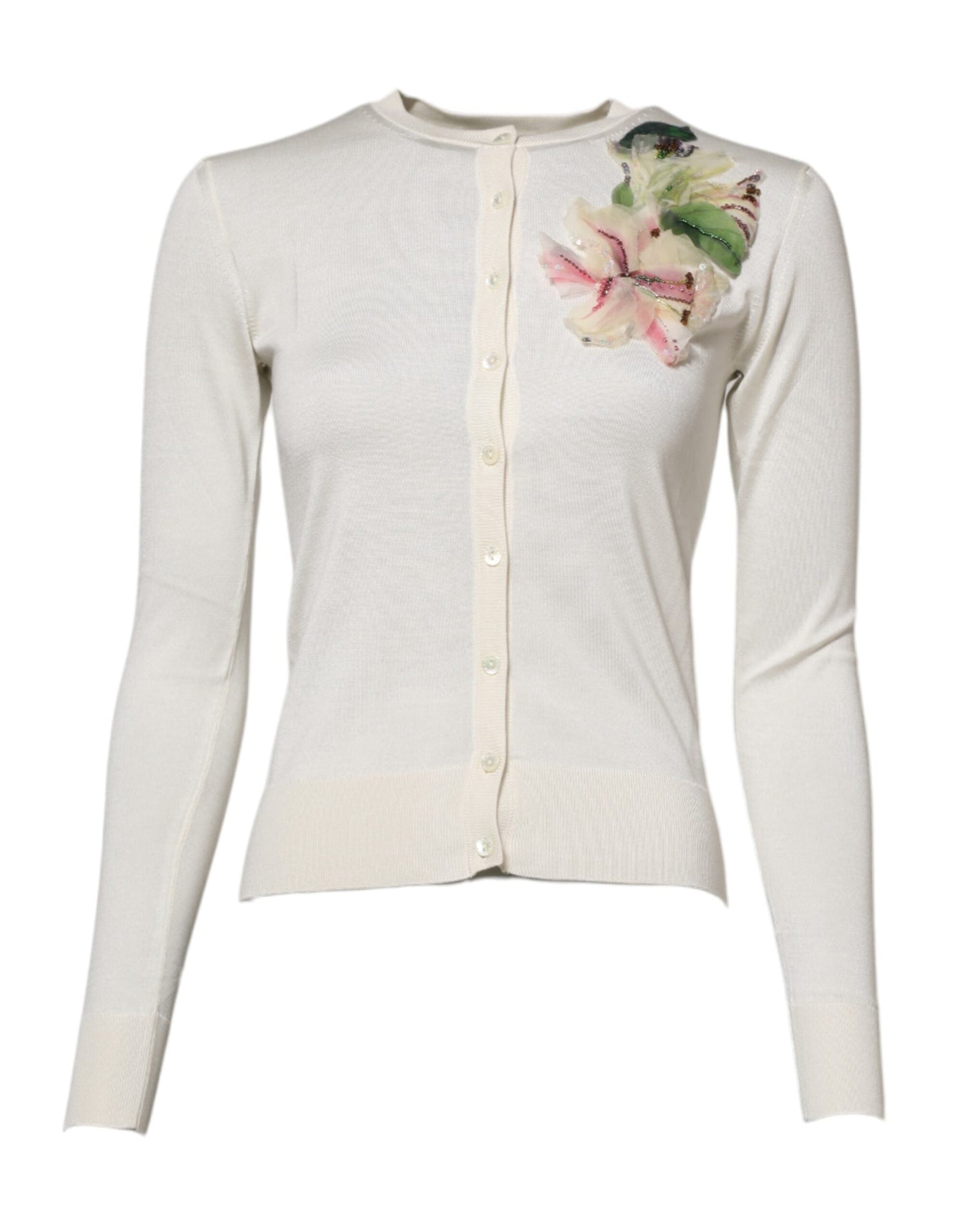 Dolce & Gabbana White Silk Lily Embellished Cardigan Sweater