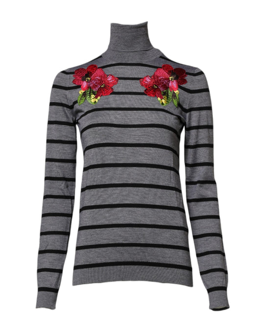Dolce & Gabbana Gray Floral Embroidery Pullover Sweater