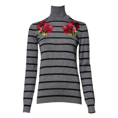 Dolce & Gabbana Gray Floral Embroidery Pullover Sweater