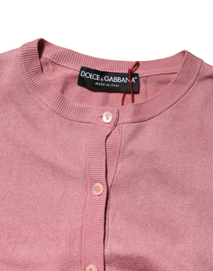 Dolce & Gabbana Pink Silk Cropped Crew Neck Cardigan Sweater