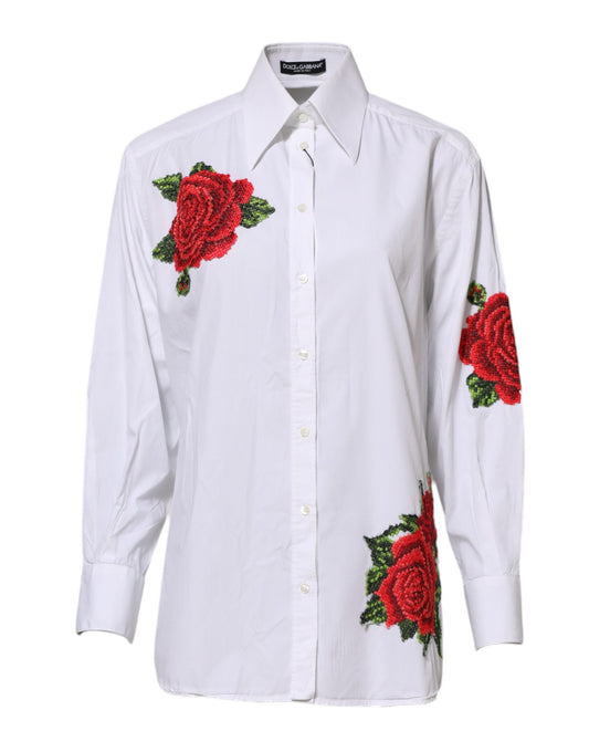 Dolce & Gabbana White Rose Embroidery Collared Shirt Top