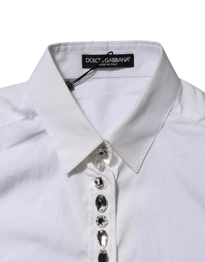 Dolce & Gabbana White Crystal Embellished Collared Shirt Top