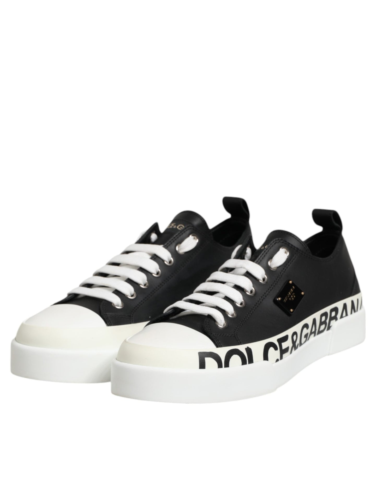 Dolce & Gabbana Black White Leather Low Top Sneakers Shoes