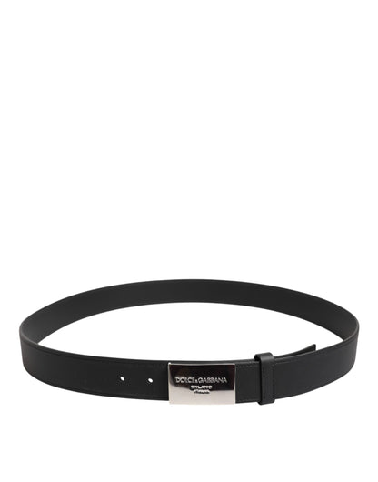 Dolce & Gabbana Black Leather Silver Metal Logo Buckle Belt